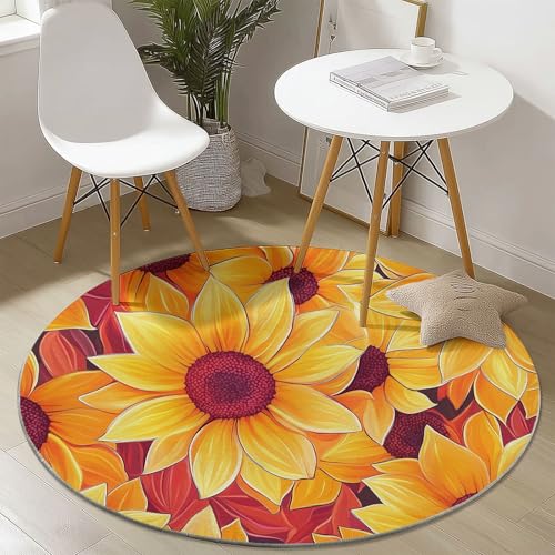 Waschbare Runde Teppiche 100 cm, Abstrakt Pflanzen Sonnenblumen Muster Rutschfester Runder Rugs für das Wohnzimmer, Orange Farbe Weicher Niedrigfloriger Teppich für unter den Esstisch Waschbare Runde Teppiche 100 cm, Abstrakt Pflanzen Sonnenblumen Muster Rutschfester Runder Rugs für das Wohnzimmer, Orange Farbe Weicher Niedrigfloriger Teppich für unter den Esstisch von Generisch