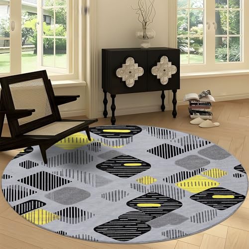Waschbare Runde Teppiche 100 cm, Abstrakte Karierte Streifentextur Rutschfester Runder Rugs für das Wohnzimmer, Grau Weicher Niedrigfloriger Teppich für unter den Esstisch Waschbare Runde Teppiche 100 cm, Abstrakte Karierte Streifentextur Rutschfester Runder Rugs für das Wohnzimmer, Grau Weicher Niedrigfloriger Teppich für unter den Esstisch von Generisch