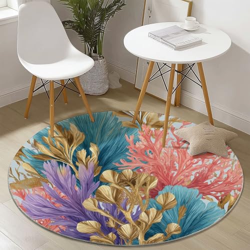 Waschbare Runde Teppiche 100 cm, Aquarell Korallenriff Muster Rutschfester Runder Läufer für das Wohnzimmer, Bunt Weicher Niedrigfloriger Teppich für unter den Esstisch Waschbare Runde Teppiche 100 cm, Aquarell Korallenriff Muster Rutschfester Runder Läufer für das Wohnzimmer, Bunt Weicher Niedrigfloriger Teppich für unter den Esstisch von Generisch