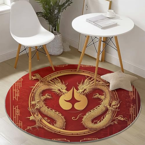 Waschbare Runde Teppiche 100 cm, Chinesischer Drache Plakat Muster Rutschfester Runder Rugs für das Wohnzimmer, Rot Weicher Niedrigfloriger Teppich für unter den Esstisch von Generisch