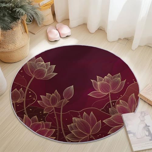 Waschbare Runde Teppiche 100 cm, Elegant Lotus Linie Muster Rutschfester Runder Läufer für das Wohnzimmer, Rot Weicher Niedrigfloriger Teppich für unter den Esstisch von Generisch