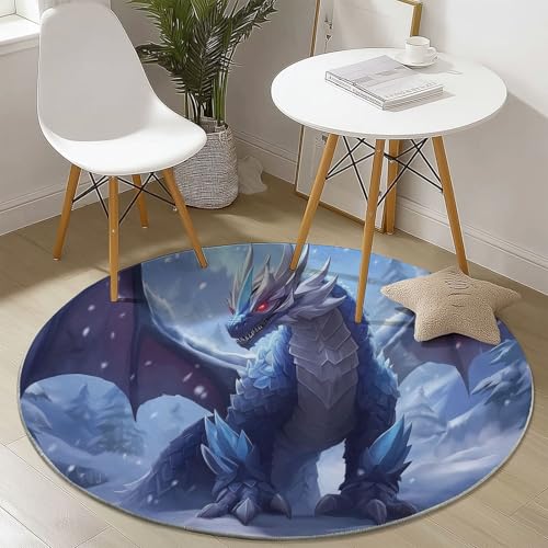 Waschbare Runde Teppiche 100 cm, Fantasie Eisdrache Muster Rutschfester Runder Rugs für das Wohnzimmer, Blaugrau Weicher Niedrigfloriger Teppich für unter den Esstisch Waschbare Runde Teppiche 100 cm, Fantasie Eisdrache Muster Rutschfester Runder Rugs für das Wohnzimmer, Blaugrau Weicher Niedrigfloriger Teppich für unter den Esstisch von Generisch