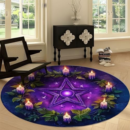 Waschbare Runde Teppiche 100 cm, Fantasie Sternengirlande Kerze Rutschfester Runder Rugs für das Wohnzimmer, Lila Weicher Niedrigfloriger Teppich für unter den Esstisch Waschbare Runde Teppiche 100 cm, Fantasie Sternengirlande Kerze Rutschfester Runder Rugs für das Wohnzimmer, Lila Weicher Niedrigfloriger Teppich für unter den Esstisch von Generisch