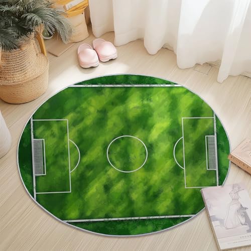 Waschbare Runde Teppiche 100 cm, Fußballplatz Gras Muster Rutschfester Runder Rugs für das Wohnzimmer, Grün Weicher Niedrigfloriger Teppich für unter den Esstisch Waschbare Runde Teppiche 100 cm, Fußballplatz Gras Muster Rutschfester Runder Rugs für das Wohnzimmer, Grün Weicher Niedrigfloriger Teppich für unter den Esstisch von Generisch