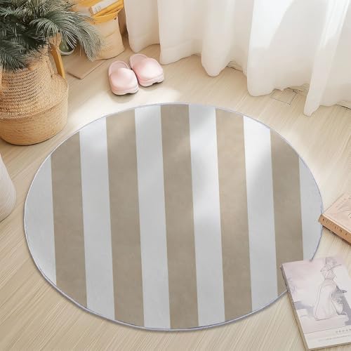 Waschbare Runde Teppiche 100 cm, Minimalistische Vertikale Streifen Muster Rutschfester Runder Rugs für das Wohnzimmer, Beige Weicher Niedrigfloriger Teppich für unter den Esstisch von Generisch