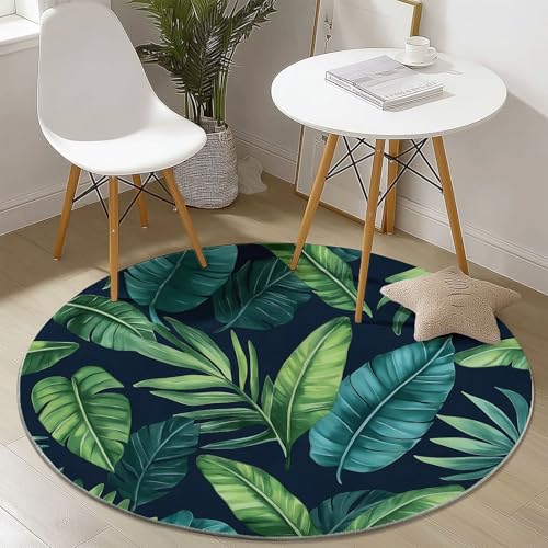 Waschbare Runde Teppiche 100 cm, Palmblätter Bananenblätter Muster Rutschfester Runder Rugs für das Wohnzimmer, Grün Weicher Niedrigfloriger Teppich für unter den Esstisch von Generisch