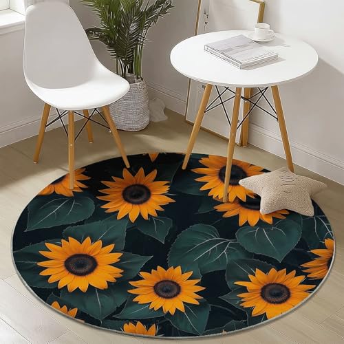 Waschbare Runde Teppiche 100 cm, Realismus Sonnenblume Muster Rutschfester Runder Rugs für das Wohnzimmer, Smaragd Weicher Niedrigfloriger Teppich für unter den Esstisch von Generisch