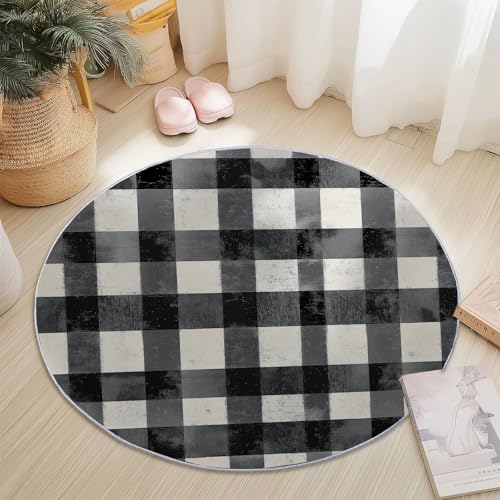 Waschbare Runde Teppiche 100 cm, Retro Kariert Muster Rutschfester Runder Rugs für das Wohnzimmer, Grau Weicher Niedrigfloriger Teppich für unter den Esstisch Waschbare Runde Teppiche 100 cm, Retro Kariert Muster Rutschfester Runder Rugs für das Wohnzimmer, Grau Weicher Niedrigfloriger Teppich für unter den Esstisch von Generisch