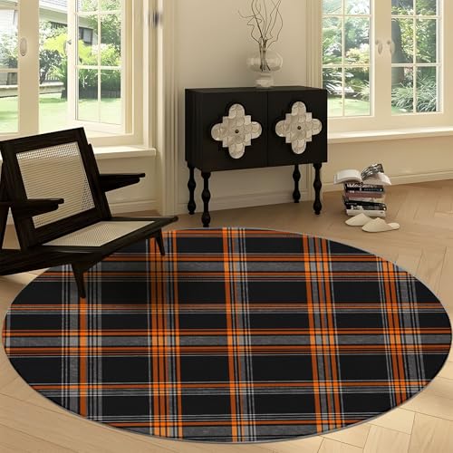 Waschbare Runde Teppiche 100 cm, Retro Mode Quadrat Texturen Rutschfester Runder Rugs für das Wohnzimmer, Orange Schwarz Weicher Niedrigfloriger Teppich für unter den Esstisch Waschbare Runde Teppiche 100 cm, Retro Mode Quadrat Texturen Rutschfester Runder Rugs für das Wohnzimmer, Orange Schwarz Weicher Niedrigfloriger Teppich für unter den Esstisch von Generisch