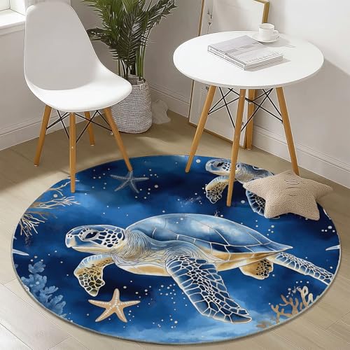 Waschbare Runde Teppiche 100 cm, Schildkröte Koralle Seestern Muster Rutschfester Runder Rugs für das Wohnzimmer, Blau Weicher Niedrigfloriger Teppich für unter den Esstisch von Generisch