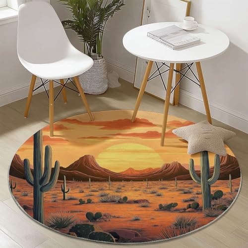 Waschbare Runde Teppiche 100 cm, Sonnenuntergang Kaktus Berge Muster Rutschfester Runder Rugs für das Wohnzimmer, Orange Farbe Weicher Niedrigfloriger Teppich für unter den Esstisch Waschbare Runde Teppiche 100 cm, Sonnenuntergang Kaktus Berge Muster Rutschfester Runder Rugs für das Wohnzimmer, Orange Farbe Weicher Niedrigfloriger Teppich für unter den Esstisch von Generisch