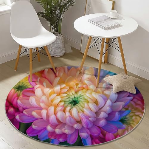 Waschbare Runde Teppiche 100 cm, Traum Chrysantheme Muster Rutschfester Runder Rugs für das Wohnzimmer, Farbe Weicher Niedrigfloriger Teppich für unter den Esstisch von Generisch