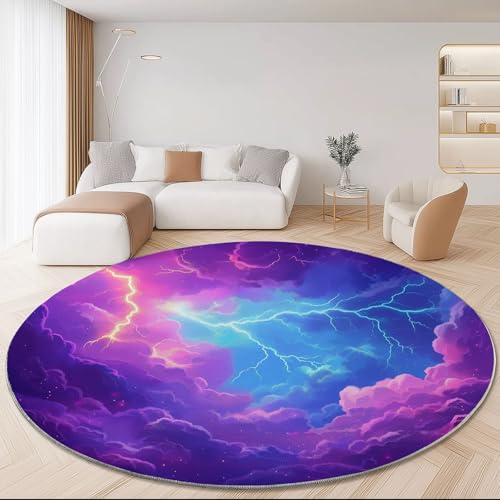 Waschbare Runde Teppiche 100 cm, Traum Himmel Blitz Muster Rutschfester Runder Rugs für das Wohnzimmer, Lila Weicher Niedrigfloriger Teppich für unter den Esstisch von Generisch
