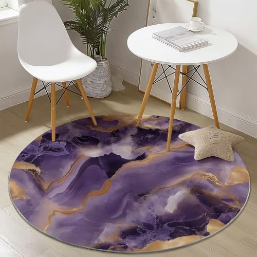 Waschbare Runde Teppiche 100 cm, Traumhaft Marmor Muster Rutschfester Runder Rugs für das Wohnzimmer, Lila Weicher Niedrigfloriger Teppich für unter den Esstisch von Generisch
