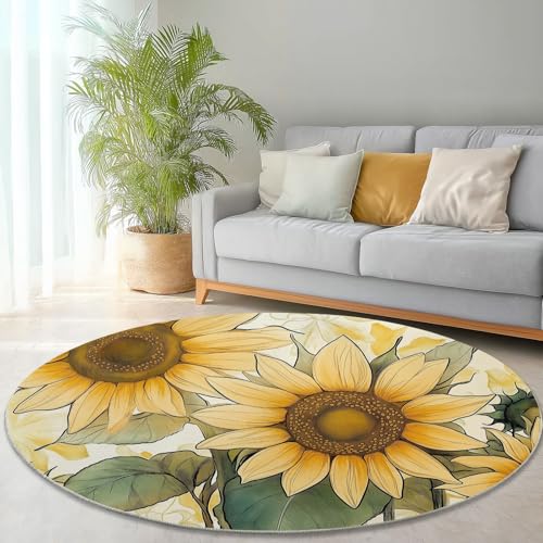 Waschbare Runde Teppiche 100 cm, Tuschemalerei Sonnenblume Muster Rutschfester Runder Rugs für das Wohnzimmer, Gelb Weicher Niedrigfloriger Teppich für unter den Esstisch Waschbare Runde Teppiche 100 cm, Tuschemalerei Sonnenblume Muster Rutschfester Runder Rugs für das Wohnzimmer, Gelb Weicher Niedrigfloriger Teppich für unter den Esstisch von Generisch