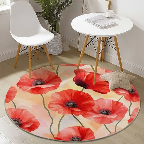 Waschbare Runde Teppiche 100 cm, Vintage Aquarell Mohnblumen Muster Rutschfester Runder Rugs für das Wohnzimmer, Rot Weicher Niedrigfloriger Teppich für unter den Esstisch Waschbare Runde Teppiche 100 cm, Vintage Aquarell Mohnblumen Muster Rutschfester Runder Rugs für das Wohnzimmer, Rot Weicher Niedrigfloriger Teppich für unter den Esstisch von Generisch