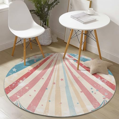 Waschbare Runde Teppiche 100 cm, Zirkus Poster Streifen Muster Rutschfester Runder Rugs für das Wohnzimmer, Farbe Weicher Niedrigfloriger Teppich für unter den Esstisch von Generisch