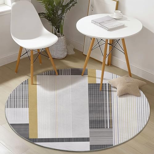 Waschbare Runde Teppiche 120 cm, Abstrakt Streifen Muster Rutschfester Runder Rugs für das Wohnzimmer, Grau Weicher Niedrigfloriger Teppich für unter den Esstisch von Generisch
