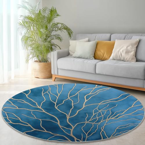 Waschbare Runde Teppiche 120 cm, Abstrakt Zweige Textur Muster Rutschfester Runder Rugs für das Wohnzimmer, Blau Weicher Niedrigfloriger Teppich für unter den Esstisch Waschbare Runde Teppiche 120 cm, Abstrakt Zweige Textur Muster Rutschfester Runder Rugs für das Wohnzimmer, Blau Weicher Niedrigfloriger Teppich für unter den Esstisch von Generisch