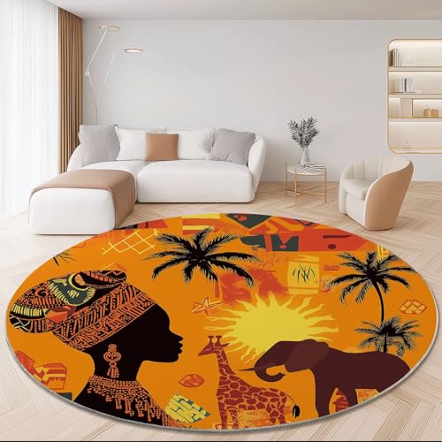 Waschbare Runde Teppiche 120 cm, Afrikanische Frau Elefant Giraffe Muster Rutschfester Runder Rugs für das Wohnzimmer, Orange Farbe Weicher Niedrigfloriger Teppich für unter den Esstisch Waschbare Runde Teppiche 120 cm, Afrikanische Frau Elefant Giraffe Muster Rutschfester Runder Rugs für das Wohnzimmer, Orange Farbe Weicher Niedrigfloriger Teppich für unter den Esstisch von Generisch