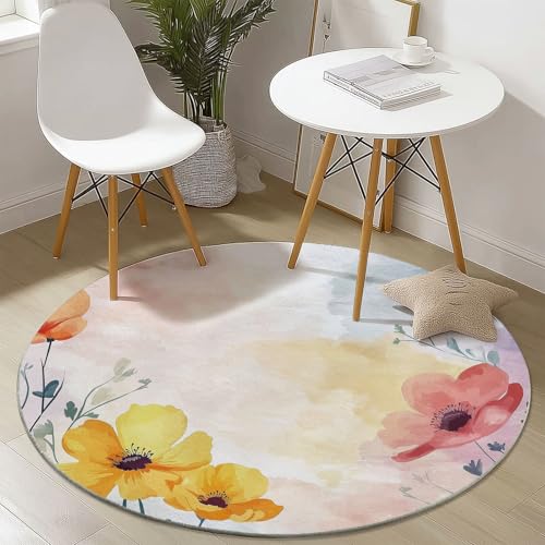 Waschbare Runde Teppiche 120 cm, Aquarell Abstrakt Blumen Muster Rutschfester Runder Rugs für das Wohnzimmer, Weiß Weicher Niedrigfloriger Teppich für unter den Esstisch von Generisch