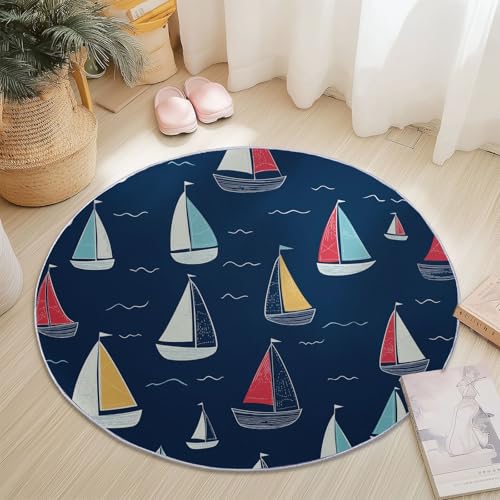 Waschbare Runde Teppiche 120 cm, Cartoon Meereslandschaft Segelboot Muster Rutschfester Runder Rugs für das Wohnzimmer, Marine Weicher Niedrigfloriger Teppich für unter den Esstisch Waschbare Runde Teppiche 120 cm, Cartoon Meereslandschaft Segelboot Muster Rutschfester Runder Rugs für das Wohnzimmer, Marine Weicher Niedrigfloriger Teppich für unter den Esstisch von Generisch