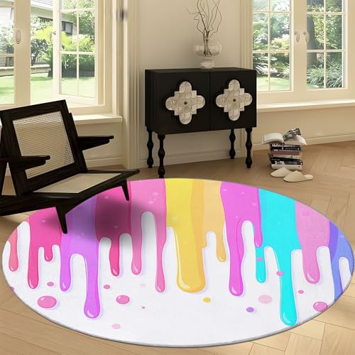 Waschbare Runde Teppiche 120 cm, Cartoons Farbstreifen Rutschfester Runder Rugs für das Wohnzimmer - Minimalistisches Design Weicher Niedrigfloriger Teppich für unter den Esstisch von Generisch