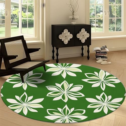 Waschbare Runde Teppiche 120 cm, Einfache Kunst Blumenblätter Rutschfester Runder Rugs für das Wohnzimmer, Weiß Grün Weicher Niedrigfloriger Teppich für unter den Esstisch von Generisch