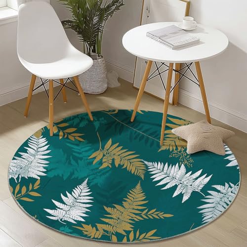 Waschbare Runde Teppiche 120 cm, Farn Blätter Muster Rutschfester Runder Rugs für das Wohnzimmer, Grün Weicher Niedrigfloriger Teppich für unter den Esstisch von Generisch