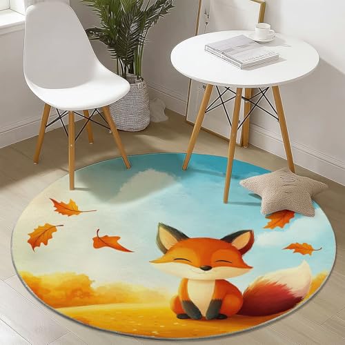 Waschbare Runde Teppiche 120 cm, Feld Fuchs Herbstlaub Muster Rutschfester Runder Rugs für das Wohnzimmer, Blau Weicher Niedrigfloriger Teppich für unter den Esstisch Waschbare Runde Teppiche 120 cm, Feld Fuchs Herbstlaub Muster Rutschfester Runder Rugs für das Wohnzimmer, Blau Weicher Niedrigfloriger Teppich für unter den Esstisch von Generisch