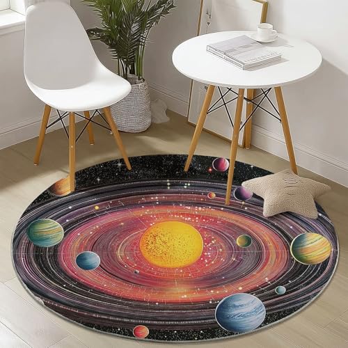 Waschbare Runde Teppiche 120 cm, Galaxie Planeten Muster Rutschfester Runder Rugs für das Wohnzimmer, Schwarz Weicher Niedrigfloriger Teppich für unter den Esstisch von Generisch