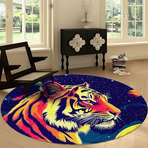 Waschbare Runde Teppiche 120 cm, Kosmischer Sternenhimmel Tiertiger Rutschfester Runder Rugs für das Wohnzimmer, Orange Schwarz Weicher Niedrigfloriger Teppich für unter den Esstisch von Generisch