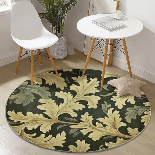 Waschbare Runde Teppiche 120 cm, Pflanze Akanthusblätter Muster Rutschfester Runder Rugs für das Wohnzimmer, Grün Weicher Niedrigfloriger Teppich für unter den Esstisch von Generisch