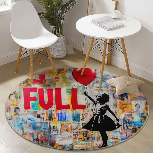 Waschbare Runde Teppiche 120 cm, Poster Mädchen Ballon Muster Rutschfester Runder Rugs für das Wohnzimmer, Farbe Weicher Niedrigfloriger Teppich für unter den Esstisch Waschbare Runde Teppiche 120 cm, Poster Mädchen Ballon Muster Rutschfester Runder Rugs für das Wohnzimmer, Farbe Weicher Niedrigfloriger Teppich für unter den Esstisch von Generisch