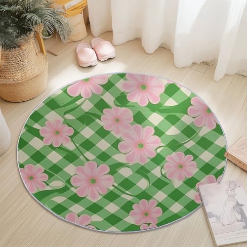 Waschbare Runde Teppiche 120 cm, Quadrate Blumen Muster Rutschfester Runder Rugs für das Wohnzimmer, Grün Weicher Niedrigfloriger Teppich für unter den Esstisch von Generisch