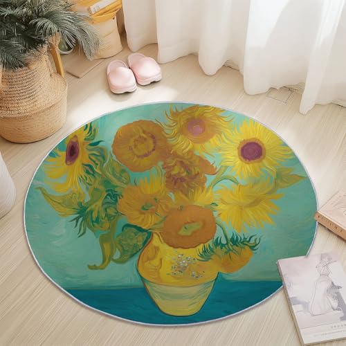 Waschbare Runde Teppiche 120 cm, Retro Abstrakt Sonnenblume Muster Rutschfester Runder Läufer für das Wohnzimmer, Blau Gelb Weicher Niedrigfloriger Teppich für unter den Esstisch von Generisch