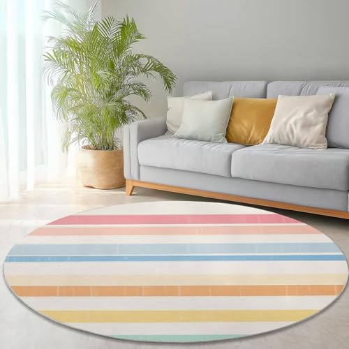 Waschbare Runde Teppiche 120 cm, Süß Regenbogen Streifen Muster Rutschfester Runder Rugs für das Wohnzimmer, Beige Weicher Niedrigfloriger Teppich für unter den Esstisch Waschbare Runde Teppiche 120 cm, Süß Regenbogen Streifen Muster Rutschfester Runder Rugs für das Wohnzimmer, Beige Weicher Niedrigfloriger Teppich für unter den Esstisch von Generisch