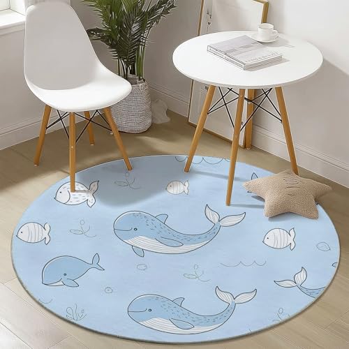 Waschbare Runde Teppiche 120 cm, Zeichentrickfilm Wal Muster Rutschfester Runder Rugs für das Wohnzimmer, Blau Weicher Niedrigfloriger Teppich für unter den Esstisch Waschbare Runde Teppiche 120 cm, Zeichentrickfilm Wal Muster Rutschfester Runder Rugs für das Wohnzimmer, Blau Weicher Niedrigfloriger Teppich für unter den Esstisch von Generisch