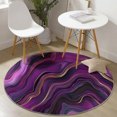 Waschbare Runde Teppiche 150 cm, Abstrakt Achatstein Wirbel Muster Rutschfester Runder Rugs für das Wohnzimmer, Lila Weicher Niedrigfloriger Teppich für unter den Esstisch von Generisch