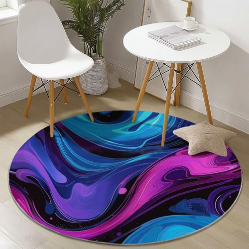 Waschbare Runde Teppiche 150 cm, Abstrakt Flüssig Marmor Muster Rutschfester Runder Rugs für das Wohnzimmer, Blau Lila Weicher Niedrigfloriger Teppich für unter den Esstisch von Generisch