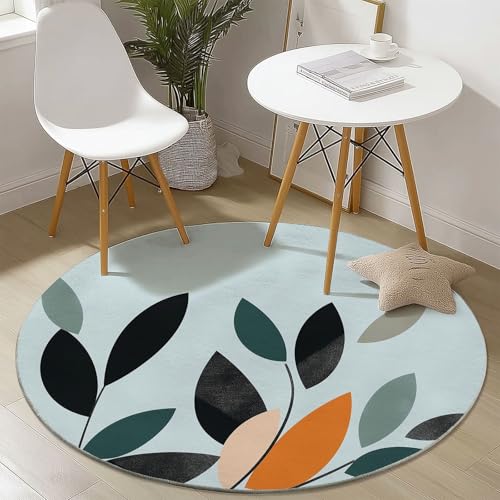Waschbare Runde Teppiche 150 cm, Abstrakt Geometrisch Blätter Muster Rutschfester Runder Rugs für das Wohnzimmer, Blaugrau Weicher Niedrigfloriger Teppich für unter den Esstisch von Generisch