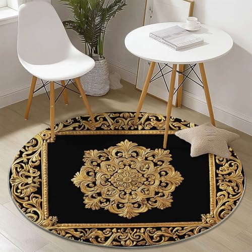 Waschbare Runde Teppiche 150 cm, Arabeske Linien Muster Rutschfester Runder Rugs für das Wohnzimmer, Schwarz Weicher Niedrigfloriger Teppich für unter den Esstisch Waschbare Runde Teppiche 150 cm, Arabeske Linien Muster Rutschfester Runder Rugs für das Wohnzimmer, Schwarz Weicher Niedrigfloriger Teppich für unter den Esstisch von Generisch
