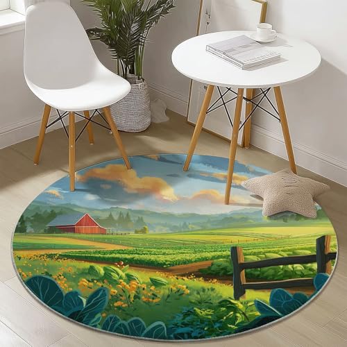 Waschbare Runde Teppiche 150 cm, Cartoon Bauernhof Scheune Muster Rutschfester Runder Läufer für das Wohnzimmer, Blau Grün Weicher Niedrigfloriger Teppich für unter den Esstisch von Generisch