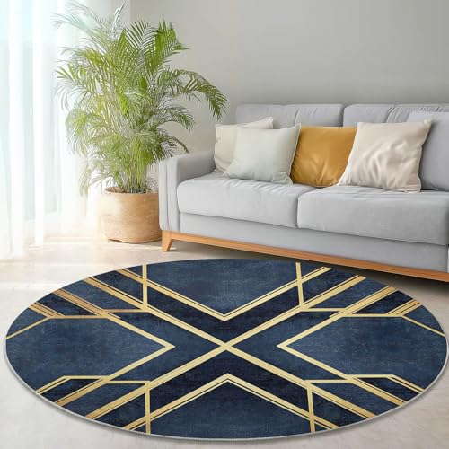 Waschbare Runde Teppiche 150 cm, Geometrie Symmetrische Linien Muster Rutschfester Runder Rugs für das Wohnzimmer, Dunkelblau Weicher Niedrigfloriger Teppich für unter den Esstisch Waschbare Runde Teppiche 150 cm, Geometrie Symmetrische Linien Muster Rutschfester Runder Rugs für das Wohnzimmer, Dunkelblau Weicher Niedrigfloriger Teppich für unter den Esstisch von Generisch