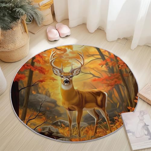 Waschbare Runde Teppiche 150 cm, Herbstwald Hirsch Muster Rutschfester Runder Rugs für das Wohnzimmer, Orange Farbe Weicher Niedrigfloriger Teppich für unter den Esstisch Waschbare Runde Teppiche 150 cm, Herbstwald Hirsch Muster Rutschfester Runder Rugs für das Wohnzimmer, Orange Farbe Weicher Niedrigfloriger Teppich für unter den Esstisch von Generisch