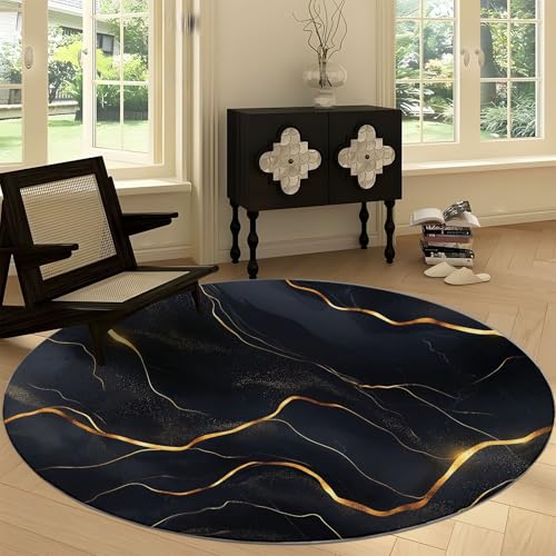 Waschbare Runde Teppiche 150 cm, Luxuriöse Marmor Gold Textur Rutschfester Runder Rugs für das Wohnzimmer, Schwarz Gold Weicher Niedrigfloriger Teppich für unter den Esstisch von Generisch