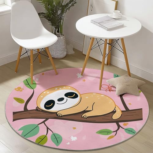 Waschbare Runde Teppiche 150 cm, Niedlich Cartoon Faultier Muster Rutschfester Runder Rugs für das Wohnzimmer, Rosa Weicher Niedrigfloriger Teppich für unter den Esstisch von Generisch