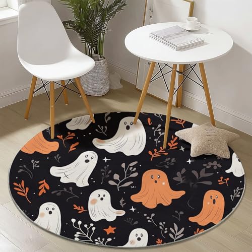 Waschbare Runde Teppiche 150 cm, Niedlich Cartoon Geist Muster Rutschfester Runder Rugs für das Wohnzimmer, Schwarz Weicher Niedrigfloriger Teppich für unter den Esstisch Waschbare Runde Teppiche 150 cm, Niedlich Cartoon Geist Muster Rutschfester Runder Rugs für das Wohnzimmer, Schwarz Weicher Niedrigfloriger Teppich für unter den Esstisch von Generisch