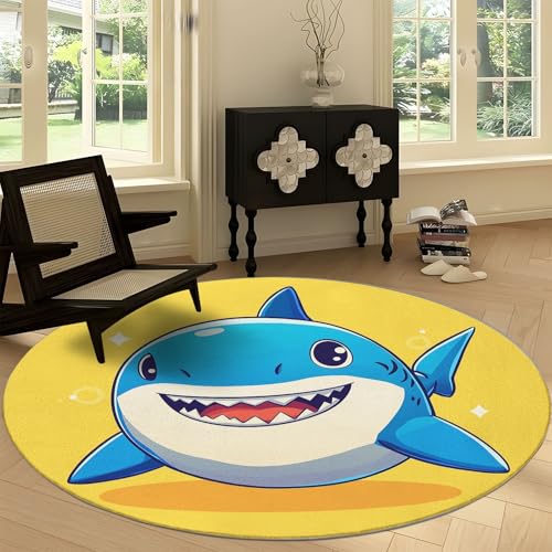 Waschbare Runde Teppiche 150 cm, Niedlicher Cartoon Tierhai Rutschfester Runder Rugs für das Wohnzimmer, Orange Gelb Weicher Niedrigfloriger Teppich für unter den Esstisch von Generisch