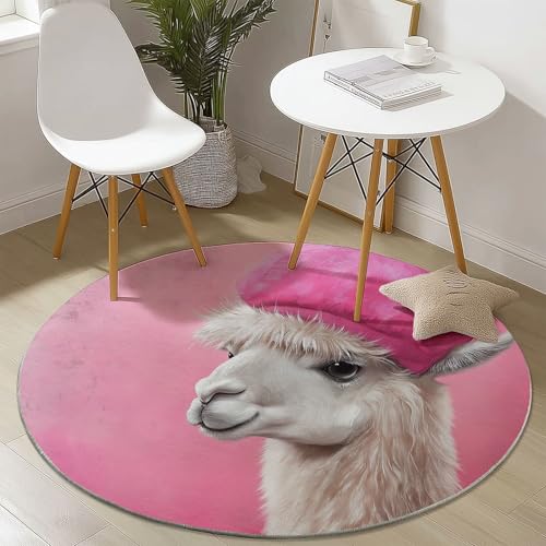 Waschbare Runde Teppiche 150 cm, Ölgemälde Süß Alpaka Muster Rutschfester Runder Rugs für das Wohnzimmer, Rosa Weicher Niedrigfloriger Teppich für unter den Esstisch von Generisch